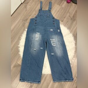 Women's Distressed Blue Denim Overalls (Oversize) Size L